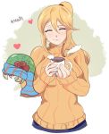  1girl absurdres alien alternate_costume blonde_hair blush breasts closed_eyes coffee cup drinking heart high_ponytail highres karbuitt large_breasts long_hair metroid metroid_(creature) mole mole_under_mouth nintendo ponytail samus_aran scarf signature simple_background smile spoken_heart sweater turtleneck turtleneck_sweater winter_clothes 