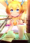  1girl bangs bare_shoulders blonde_hair blue_eyes blush brown_hair commentary detached_sleeves eating eyebrows_visible_through_hair food hamburger holding holding_food horns indoors looking_at_viewer original sitting smile solo sylphine 