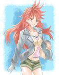  1girl amou_kanade breasts casual cleavage commentary_request link_(aa30) long_hair looking_at_viewer navel open_mouth red_eyes red_hair senki_zesshou_symphogear smile solo 