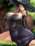 1girl absurdres bare_shoulders breasts brown_eyes brown_hair cleavage detached_sleeves dragon&#039;s_crown dress haganef hat hat_over_one_eye highres huge_breasts large_breasts long_hair side_slit solo sorceress_(dragon&#039;s_crown) staff strapless strapless_dress witch_hat 