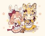  2girls :i ahoge animal_ears animal_hat apron bangs black_bow black_flower blonde_hair blush boots bow brown_background brown_footwear brown_hair brown_skirt bunny_ears bunny_hat capelet closed_mouth commentary_request eating elbow_gloves eyebrows_visible_through_hair fake_animal_ears fang floral_background flower food food_on_face frilled_apron frilled_capelet frilled_skirt frills gloves hair_between_eyes hair_bow hair_flower hair_ornament hair_rings hat highres holding holding_food long_sleeves multiple_girls open_mouth original pleated_skirt red_bow sakura_oriko shadow shirt sitting skirt sleeveless sleeveless_shirt v-shaped_eyebrows waist_apron white_apron white_flower white_gloves white_headwear white_shirt yellow_capelet yellow_skirt 