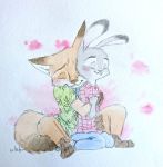  anthro barefoot blush bottomwear canid canine cheek_tuft clothed clothing dipstick_ears dipstick_tail disney duo face_tuft fluffy fluffy_tail fox fully_clothed fur grey_body grey_fur hi_res hug hugging_from_behind inner_ear_fluff judy_hopps mammal multicolored_ears multicolored_tail nick_wilde open_mouth open_smile orange_body orange_fur painting_(artwork) pants red_fox shirt simple_background sitting smile topwear traditional_media_(artwork) tuft ulako watercolor_(artwork) white_background zootopia 