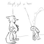  1:1 anthro barefoot black_and_white bodily_fluids bottomwear canid canine clothed clothing crying dialogue disney duo ears_back ears_down english_text eyes_closed fangs female fox humor judy_hopps male mammal monochrome neck_tuft necktie nick_wilde open_mouth pants pivoted_ears replytoanons shirt simple_background smile standing tears text topwear tuft walking white_background zootopia 
