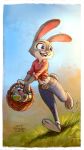  2016 anthro barefoot basket biped bottomwear cheek_tuft clothed clothing disney easter_egg face_tuft female fur grass grey_body grey_fur hi_res holding_object jeans judy_hopps kettyformaggio lagomorph leporid light lighting mammal midriff open_mouth open_smile outside pants purple_eyes rabbit running scut_tail shadow shirt signature sky smile solo sunlight teeth tongue topwear tuft zootopia 