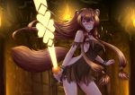  1girl adsouto animal_ears artist_name bangs bracelet breasts brown_hair collar collarbone contrapposto cowboy_shot floating_hair hair_tubes highres holding holding_sword holding_weapon indoors jewelry long_hair looking_at_viewer medium_breasts open_mouth raccoon_ears raccoon_girl raccoon_tail raphtalia red_eyes shiny shiny_hair sideboob sidelocks solo standing sword tail tate_no_yuusha_no_nariagari torn_clothes very_long_hair wavy_mouth weapon 