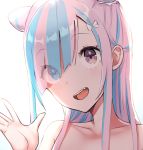  1girl :d backlighting bangs blue_hair collarbone eyebrows_visible_through_hair hair_over_one_eye hand_up head_tilt highres long_hair mappaninatta multicolored_hair open_mouth original pink_hair purple_eyes simple_background smile solo two-tone_hair upper_body upper_teeth white_background 