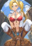  1girl absurdres aqua_eyes between_legs blonde_hair blue_shorts boots breasts brown_footwear brown_gloves brown_vest calamity_jane_(fate/grand_order) cropped_vest earrings elbow_gloves fate/grand_order fate_(series) fingerless_gloves full_body gloves hand_between_legs highres hoop_earrings jewelry medium_breasts phano_(125042) red_bikini_top short_shorts shorts side_ponytail single_elbow_glove solo squatting star_tattoo tattoo thighhighs vest white_gloves white_legwear 