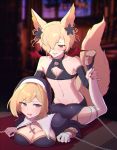  1boy 1girl adonis_belt age_difference animal_ears annoyed blonde_hair blush breasts brown_eyes chain cleavage cleavage_cutout clothed_sex covered_nipples cross cross_necklace demon_wings djeeta_(granblue_fantasy) doggystyle erune fox_boy fox_ears gloves granblue_fantasy habit hetero jewelry kou_(granblue_fantasy) necklace nun restrained rojione rosary thighhighs wings 