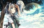  1girl bangs between_breasts black_neckwear blue_eyes blue_sky bow bowtie breasts cloud commentary day eyebrows_visible_through_hair green_vest hair_ribbon hand_to_forehead highres konpaku_youmu konpaku_youmu_(ghost) looking_to_the_side medium_breasts one_eye_closed outdoors pegashi ribbon scabbard sheath shirt short_hair short_sleeves silver_hair sky smile solo strap touhou tree upper_body vest white_shirt 