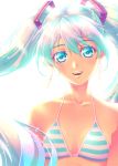  1girl :d backlighting blue_eyes blue_hair breasts cleavage collarbone floating_hair hair_between_eyes hatsune_miku long_hair looking_at_viewer open_mouth small_breasts smile solo striped_bikini_top tan twi&#039;lek upper_body very_long_hair vocaloid white_background you_haruka 