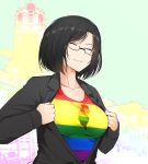  1girl black-framed_eyewear black_hair breasts closed_eyes collarbone commentary english_commentary flag ginhaha glasses large_breasts light_smile original rainbow_flag semi-rimless_eyewear short_hair solo taiwan under-rim_eyewear 