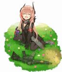  1girl :d ^_^ armband blush breasts bug butterfly cleavage closed_eyes commentary_request dinergate_(girls_frontline) fang flower girls_frontline grass insect long_hair long_sleeves m4_sopmod_ii m4_sopmod_ii_(girls_frontline) medium_breasts multicolored_hair numazume on_ground open_mouth pink_hair red_hair sitting smile streaked_hair very_long_hair wariza white_background zipper 