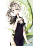  1girl bangs black_dress breasts cleavage closed_mouth collarbone covered_navel dress eyebrows_visible_through_hair flower green_eyes hair_between_eyes high_ponytail lily_of_the_valley long_hair mabinogi medium_breasts mieux0_0 see-through shiny shiny_hair short_sleeves side_slit silver_hair smile solo standing thigh_strap very_long_hair white_background white_flower 