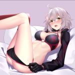  1girl ahoge bangs bikini bikini_pull black_bikini black_gloves black_jacket blush breasts choker cleavage eyebrows_visible_through_hair fate/grand_order fate_(series) fifty1202 gloves hair_between_eyes highres jacket jeanne_d&#039;arc_(alter_swimsuit_berserker) jeanne_d&#039;arc_(fate)_(all) large_breasts looking_at_viewer o-ring o-ring_bikini reclining red_legwear short_hair shrug_(clothing) silver_hair single_thighhigh solo sweat swimsuit thighhighs yellow_eyes 