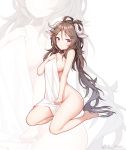  1girl animal_ears areola_slip areolae arknights barefoot breasts brown_hair covering eyjafjalla_(arknights) hand_on_own_chest horns kurisu_tina long_hair medium_breasts naked_towel nude_cover red_eyes simple_background sitting solo towel two_side_up very_long_hair weibo_username zoom_layer 