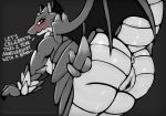  2019 anus big_butt blush bodily_fluids brunhilda_(dragalia_lost) butt claws cygames dialogue digital_media_(artwork) dragalia_lost dragon english_text female genital_fluids hi_res horn looking_back monochrome nintendo presenting presenting_hindquarters pussy pussy_juice raised_tail scales scalie simple_background slit solo text thick_thighs video_games visionaryserpent western_dragon wings 