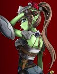  alternate_species armor blue_eyes breasts brown_hair clothed clothing crossgender female fingerless_gloves freckles gloves goblin goblin_slayer goblin_slayer_(character) green_body green_skin hair hand_on_head handwear humanoid humanoid_pointy_ears kenmi knife long_hair not_furry ponytail red_background shield side_view simple_background solo tongue tongue_out 