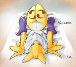  2017 anthro armwear breasts bridal_gauntlets canid clothing digimon digimon_(species) eyes_closed female fur kiit0s lying mammal mostly_nude navel renamon solo white_body white_fur yellow_body yellow_fur 