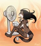 2018 anthro black_hair bodily_fluids bottomwear breasts clothed clothing exhausted female hair kittell_(artist) mechanical_fan open_mouth panties pen python reptile scalie simple_background snake solo sweat tongue tongue_out topless underwear 