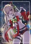  1girl bell belt black_shorts blonde_hair blurry blurry_background blush bow bowtie box cat_ear_headphones cat_tail christmas cowboy_shot detached_sleeves fur-trimmed_sleeves fur_trim gift gift_box girls_frontline green_eyes hayarob headphones highres long_hair looking_at_viewer night open_mouth red_bow short_shorts shorts snowing solo stomach tail tail_bell tail_bow thigh_strap tmp_(girls_frontline) 