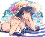  1girl ass bare_arms bare_shoulders beach beach_chair bikini bikini_tan black_hair blue_eyes blue_hawaii blurry blurry_background breasts chin_rest cleavage collarbone covered_nipples drinking_straw flower front-tie_bikini front-tie_top hands_up hat hat_flower hibiscus hurricane_glass long_hair looking_at_viewer loose_bikini lying medium_breasts nozomi_tsubame ocean on_stomach original side-tie_bikini sidelocks smile solo straw_hat swimsuit table tan tanline tongue tongue_out tropical_drink white_bikini 