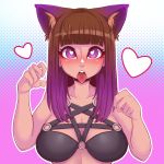  &lt;3 &lt;3_eyes 1:1 2019 5_fingers absurd_res animal_humanoid big_breasts blunt_bangs blush breasts brown_body brown_fur brown_hair cat_humanoid clothed clothing collarbone digital_media_(artwork) eyebrow_through_hair eyebrows eyelashes felid felid_humanoid feline feline_humanoid female fingers fur glistening glistening_body glistening_hair glistening_skin hair harness hi_res humanoid inner_ear_fluff long_hair looking_at_viewer luxurias mammal mammal_humanoid multicolored_body multicolored_fur multicolored_hair open_mouth purple_body purple_ears purple_eyes purple_fur purple_hair simple_background solo teeth tongue tongue_out translucent translucent_hair tuft 