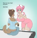  2019 anthro bendzz big_breasts blue_eyes blush bottomwear breasts brown_hair butt canid canine canis cleavage clothed clothing dialogue domestic_dog duo female hair hat headgear headwear hi_res human implied_transformation looking_at_breasts looking_at_viewer mammal nurse nurse_hat open_mouth pants pawpads shirt short_hair simple_background thick_thighs tongue tongue_out topwear wide_hips 