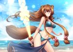  1girl :t adsouto animal_ears artist_name beach bikini blue_bikini blue_sky blush breasts brown_hair cleavage cloud contrapposto day floating_hair flower groin hair_flower hair_ornament highres holding holding_sword holding_weapon long_hair looking_at_viewer medium_breasts navel ocean outdoors pink_flower raccoon_ears raccoon_girl raccoon_tail raphtalia red_eyes sarong shiny shiny_hair sidelocks sky solo standing swimsuit sword tail tate_no_yuusha_no_nariagari v-shaped_eyebrows very_long_hair weapon 