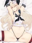  1girl :o armpits arms_up ass bacius bad_id bad_twitter_id bangs bed_sheet black_hairband black_panties blonde_hair blush breasts buttons commentary crop_top elbow_gloves eyebrows_visible_through_hair g-string gloves groin hairband highleg highleg_panties highres kantai_collection long_hair looking_at_viewer micro_panties narrowed_eyes navel neckerchief panties parted_lips pussy_peek school_uniform serafuku shimakaze_(kantai_collection) small_breasts solo spread_legs string_panties striped striped_legwear sweatdrop thighhighs thong underwear white_gloves yellow_eyes 