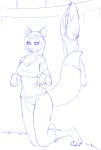  2015 absurd_res anthro bendzz bottomless breasts canid canine cleavage clothed clothing female fox hair hi_res kneeling mammal monochrome nipple_outline shirt smile solo topwear 