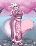  absurd_res anthro asian_clothing blithedragon blush breasts canid canine canis cherry_blossom clothed clothing east_asian_clothing female fingers fur hair hi_res japanese_clothing kimono long_hair mammal open_mouth plant sakuradlyall solo standing teeth tongue white_body white_fur wolf 