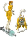  2009 all_fours anthro bendzz breasts butt duo felid feline female hair hi_res implied_transformation looking_at_viewer mammal nude raised_tail simple_background standing syringe white_background 