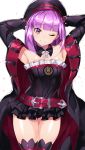  1girl armpits arms_behind_head arms_up bangs bare_shoulders belt black_coat black_dress black_headwear black_legwear blunt_bangs blush breasts closed_mouth coat detached_collar dress fate/grand_order fate_(series) frills hat helena_blavatsky_(fate/grand_order) highres long_sleeves looking_at_viewer one_eye_closed open_clothes open_coat purple_eyes purple_hair short_dress sia_namsbinpeni simple_background small_breasts smile solo strapless strapless_dress thighhighs thighs white_background 