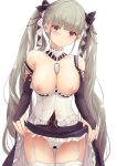  1girl azur_lane bangs bar_censor bare_shoulders black_bow black_dress blush bow breasts censored commentary_request cowboy_shot culter dress dress_lift eyebrows_visible_through_hair formidable_(azur_lane) garter_straps grey_hair hair_bow head_tilt highres large_breasts lifted_by_self long_hair long_sleeves looking_at_viewer nipples panties petticoat red_eyes simple_background solo standing thighhighs thighs twintails underwear very_long_hair white_background white_panties 