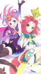  2girls :o absurdres blue_eyes gloves green_eyes harrybeace heterochromia highres league_of_legends looking_at_viewer magical_girl multicolored_hair multiple_girls neeko_(league_of_legends) pink_eyes pink_hair smile star_guardian_(league_of_legends) tagme thighhighs v white_background zoe_(league_of_legends) 