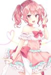  1girl :d bang_dream! blush bow bowtie choker collarbone detached_sleeves dress frilled_dress frilled_sleeves frills hair_ribbon hand_up heart highres komomo_(ptkrx) layered_dress looking_at_viewer maruyama_aya open_mouth pink_bow pink_eyes pink_hair pink_neckwear ribbon ribbon_choker short_sleeves sidelocks simple_background smile solo twintails v white_background white_ribbon wrist_bow 