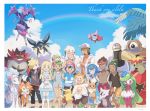  4girls 6+boys alolan_form alolan_marowak alolan_vulpix baseball_cap black_hair black_pants black_shirt blonde_hair blue_hair blue_sky brother_and_sister burnet_(pokemon) capri_pants closed_eyes closed_mouth cloud dark_skin dark_skinned_male day dress eevee flower gen_1_pokemon gen_4_pokemon gen_7_pokemon gladio_(pokemon) green_eyes green_hair grin hair_flower hair_ornament hairband hat hau_(pokemon) highres holding holding_pokemon husband_and_wife incineroar kaki_(pokemon) kukui_(pokemon) labcoat lillie_(pokemon) long_sleeves lycanroc mamane_(pokemon) mao_(pokemon) mei_(maysroom) melmetal multicolored_hair multiple_boys multiple_girls naganadel open_mouth orange_hair outdoors overalls pants pikachu pokedex pokemon pokemon_(anime) pokemon_(creature) pokemon_on_head pokemon_sm_(anime) ponytail primarina rainbow red_hair rotom rotom_dex rowlet satoshi_(pokemon) shaymin shirt short_hair short_sleeves siblings sky sleeveless sleeveless_dress smile spiked_hair suiren_(pokemon) sunglasses togedemaru torn_clothes torn_pants trial_captain tsareena turtonator twintails ultra_beast vikavolt water white_dress 