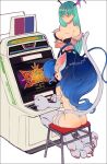  2girls aqua_hair arcade_cabinet ass astro_city bangs black_border blue_eyes blue_hair border breasts cat_tail cleavage commentary_request felicia kazeto long_hair morrigan_aensland multiple_girls playing_games simple_background tail tongue tongue_out unamused vampire_(game) vampire_savior:_the_lord_of_vampire white_background yellow_eyes 