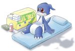  2010 ambiguous_gender baby_powder blue_body blue_skin blush carotte666 changing_mat claws diaper diaper_bag digimon digimon_(species) fangs pillow red_eyes simple_background sitting solo tissue tissue_box veemon white_background 