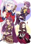  4girls ararecoa bernadetta_von_varley bike_shorts blonde_hair boots bracelet brown_hair candy closed_mouth comb dorothea_arnault dress earrings eating edelgard_von_hresvelg facial_mark fire_emblem fire_emblem:_three_houses food gloves highres holding holding_sword holding_weapon jewelry knee_boots long_hair long_sleeves multiple_girls open_mouth petra_macneary ponytail purple_eyes purple_hair short_dress simple_background sword weapon yellow_gloves 