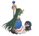  2girls bare_shoulders belt blue_eyes blue_hair cape chibi dress falchion_(fire_emblem) fire_emblem fire_emblem_awakening green_hair hair_ornament height_difference kid_icarus kid_icarus_uprising kneeling long_hair looking_down looking_up multiple_girls ryon_(ryonhei) sandals shadow shield simple_background staff super_smash_bros. sword tiara very_long_hair weapon white_background white_dress 