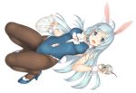  animal_ears arifureta_shokugyou_de_sekai_saikyou blue_eyes blush bunny_ears bunnygirl drink long_hair navel pantyhose shea_haulia tail takayaki white_hair 