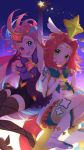  2girls :o absurdres blue_eyes green_eyes harrybeace heterochromia highres league_of_legends looking_at_viewer magical_girl multicolored_hair multiple_girls neeko_(league_of_legends) pink_eyes pink_hair smile star_guardian_(league_of_legends) tagme thighhighs v zoe_(league_of_legends) 