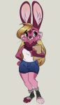  anthro blonde_hair blue_eyes buckteeth cameron_(reign-2004) clipboard clothed clothing female fully_clothed fur hair hi_res lagomorph leporid mammal pink_body pink_fur rabbit reign-2004 simple_background solo tan_background teeth toeless_shoes whiskers 