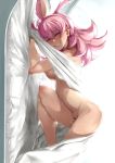  1girl bangs bed_sheet blush breasts fate/grand_order fate_(series) grin hair_between_eyes head_wings hildr_(fate/grand_order) large_breasts long_hair looking_at_viewer nimuno_(munimuni) nude on_bed pink_eyes pink_hair pink_wings smile solo thighs valkyrie_(fate/grand_order) wings 