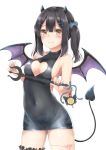  1girl absurdres alternate_costume alternate_hair_ornament bare_shoulders bat_wings black_dress black_hair blush breasts cleavage_cutout commentary_request covered_navel demon_girl demon_horns demon_tail dress fate/kaleid_liner_prisma_illya fate_(series) hair_ornament hairclip highres hodling horns long_hair looking_at_viewer medium_breasts mikujin_(mikuzin24) miyu_edelfelt simple_background star succubus tail thighhighs white_background wings 