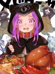  1girl animal_ears animal_hood beer_mug black_gloves bow braid capelet cheese collar fake_animal_ears fate/grand_order fate_(series) fingerless_gloves food fork gloves hood hood_up hooded_capelet long_hair medusa_(lancer)_(fate) monster_hunter monster_hunter:_world open_mouth purple_eyes purple_hair rider saliva sausage shrimp sitting solo star star-shaped_pupils symbol-shaped_pupils turkey_(food) very_long_hair 