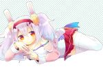  1girl animal_ears azur_lane bangs bare_shoulders blush bunny_ears camisole closed_mouth commentary_request diagonal-striped_background diagonal_stripes eyebrows_visible_through_hair hair_between_eyes hair_ornament hairband jacket kouu_hiyoyo laffey_(azur_lane) long_hair long_sleeves lying off_shoulder on_side open_clothes open_jacket pink_jacket pleated_skirt purple_hair red_eyes red_hairband red_skirt skirt solo strap_slip striped striped_background thighhighs twintails very_long_hair white_camisole white_legwear 