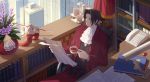  1boy ascot book bookshelf brown_eyes building chair city closed_eyes competition_swimsuit cup curtains desk desk_lamp english_commentary expressionless flower from_above gyakuten_kenji gyakuten_saiban highres holding holding_cup inkwell jacket ladder lamp long_sleeves male_pubic_hair mitsurugi_reiji one-piece_swimsuit open_clothes open_jacket pants paper phone pink_flower pubic_hair quill reading red_jacket red_pants rising_sun sitting solo steel_samurai sunburst sunlight swimsuit tea_set teacup teapot vase white_neckwear window xing_muhen 