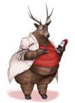  annoyed anthro antlers belly big_butt bottomless butt cervid clothed clothing fingers fur hi_res holding_object hooved_fingers hooves horn implied_transformation male mammal obese obese_male overweight overweight_male simple_background solo standing sturaptor thick_thighs white_background 